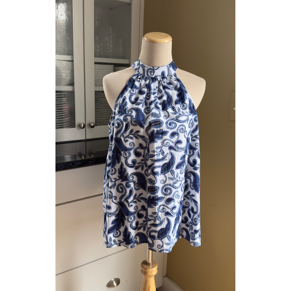 Cleobella Blue‎ White Paisley Organic Cotton Halter Tie Back Blouse Top Medium